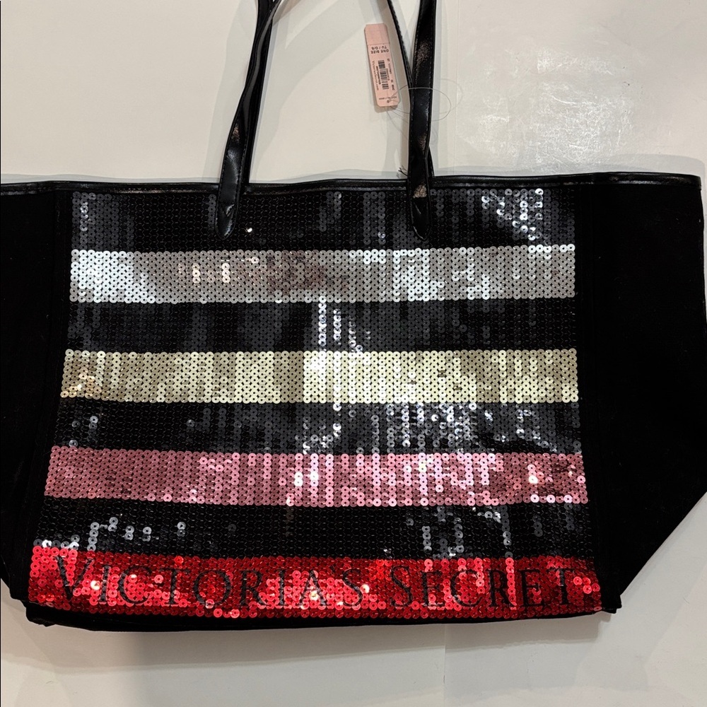 Victoria’s Secret Sequin Stripe Tote Black Large Shopper Weekender Bag NWT - Picture 7 of 14